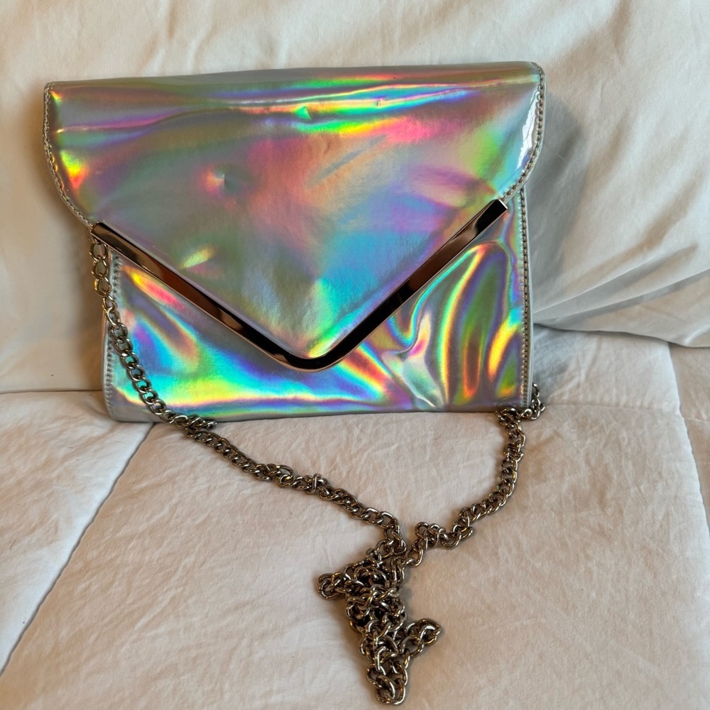 Holographic Clutch | Silver Chain Strap | Shiny Envelope Purse | Party Handbag